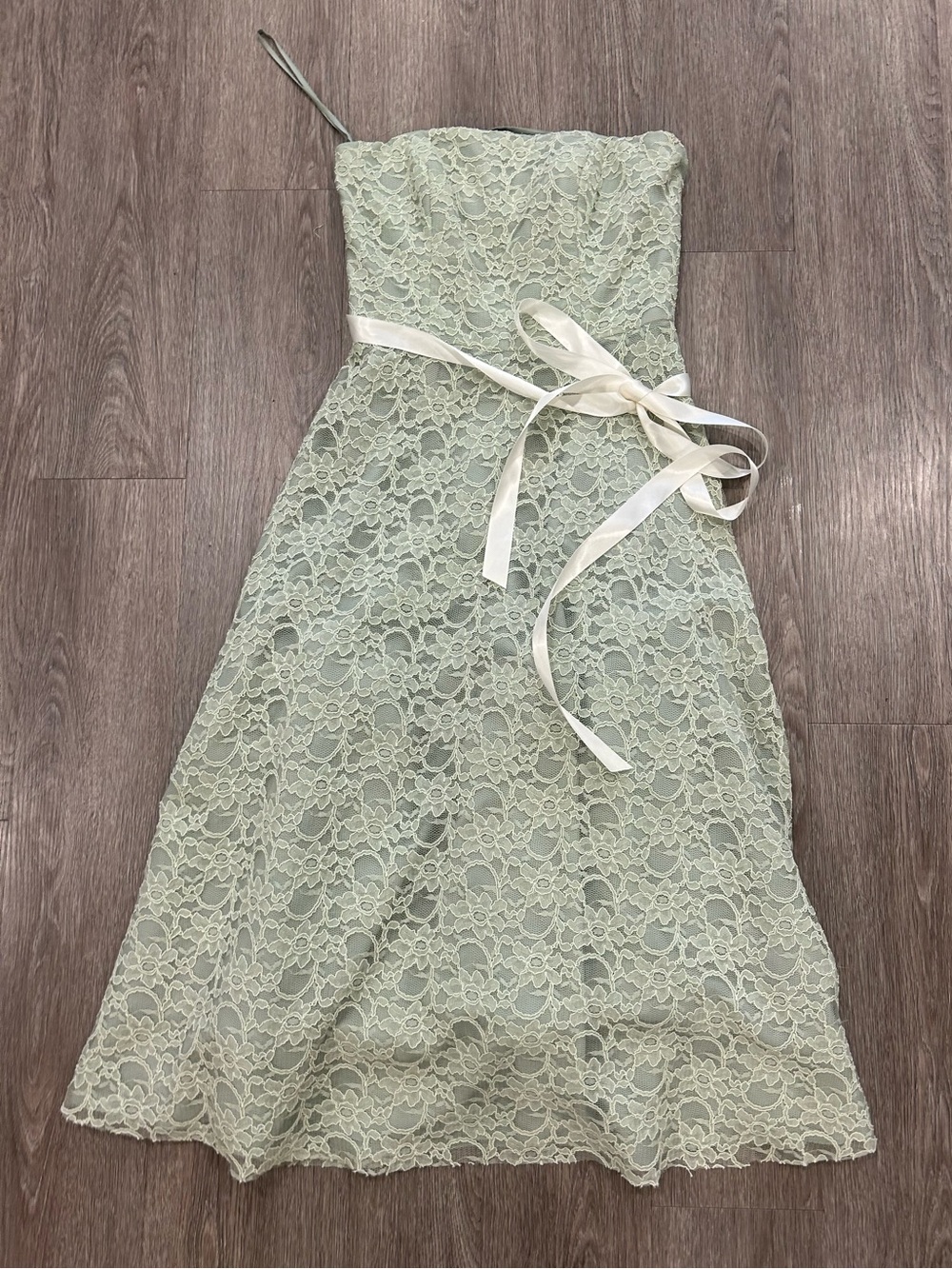 Bari Jay Strapless Lace A-Line Dress in Pale Sage with Ribbon